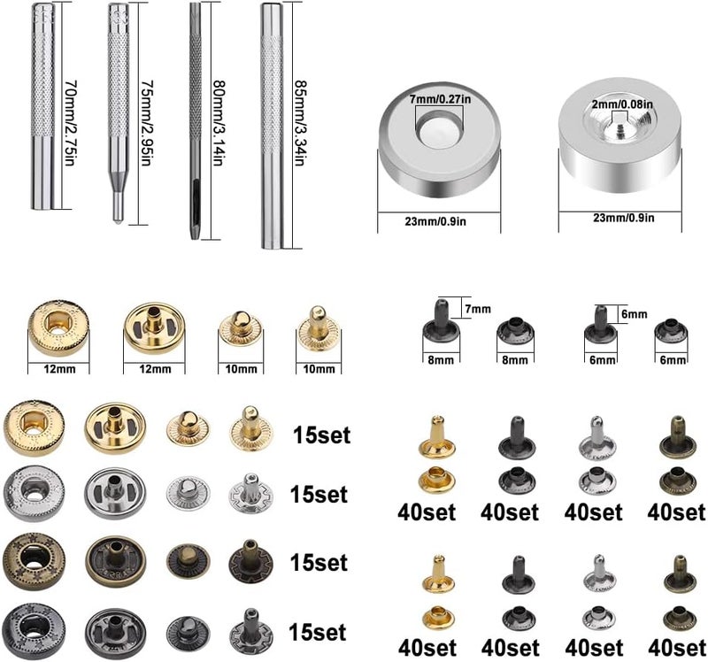 Yizzvb 320 Pcs Leather Rivets Kit, 60 Pcs Leather Snap Fasteners, 2 Size Double Cap Rivets Tubular, Double-Sided Nylon Hammer Fixing Tool Kit, Installation Tools for DIY Projects, Shoes and Repair - Image 2